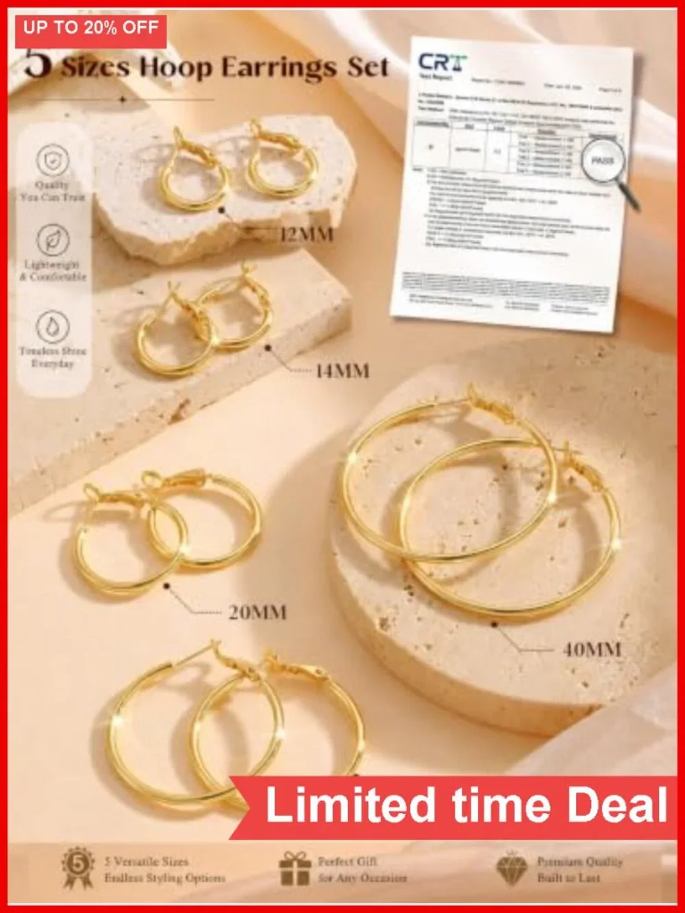 5 Pair 925 Sterling Silver Hoop Earrings Set for Women 14K Gold Plated